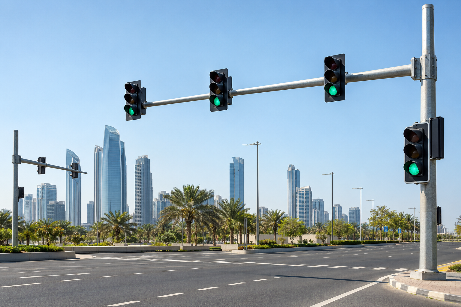 Illustrative UAE-style traffic signals at a modern urban intersection